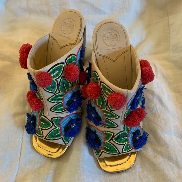 Tory Burch Ellis Embroidered Pom Pom Mules Heels - Picture 5 of 10